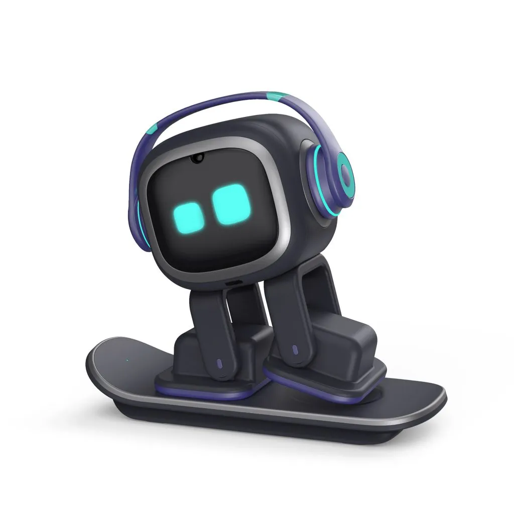 Living.AI EMO desktop robot on its charging base. Image courtesy Living.AI.